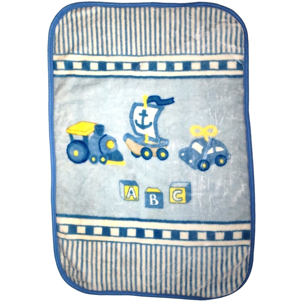 Mary Engelbreit Baby Boy Plush Blanket Blue White Stripe Toys Boat Car Blocks